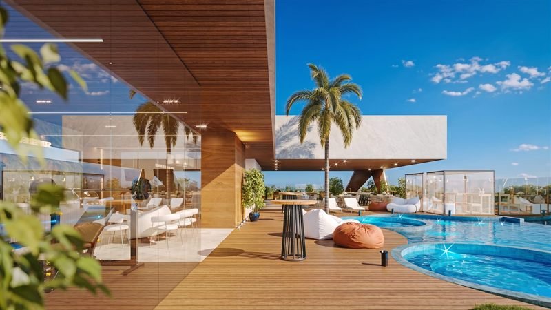 Renderização 3D de área de lazer de empreendimento residencial, com deck de madeira e piscina