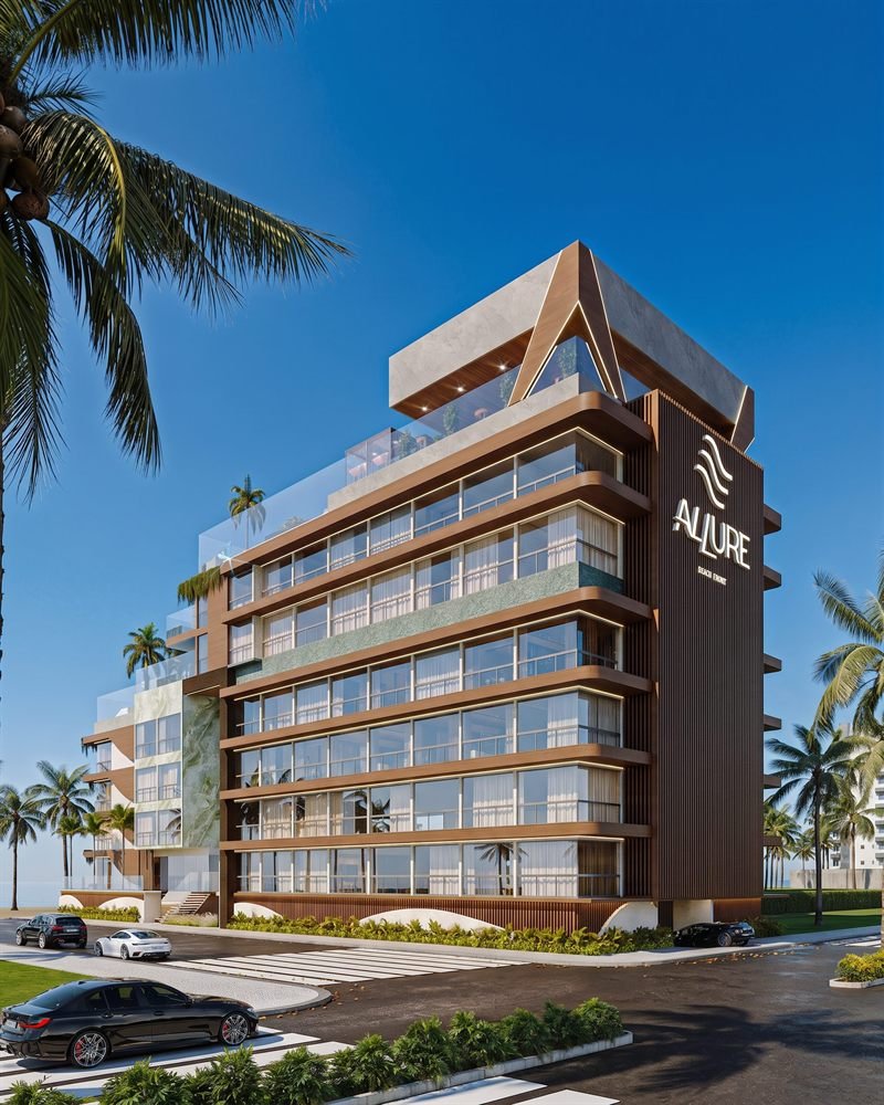 Imagem 3D da fachada do Allure Beach Prime vista da rua, com a marca do empreendimento na lateral do edifício