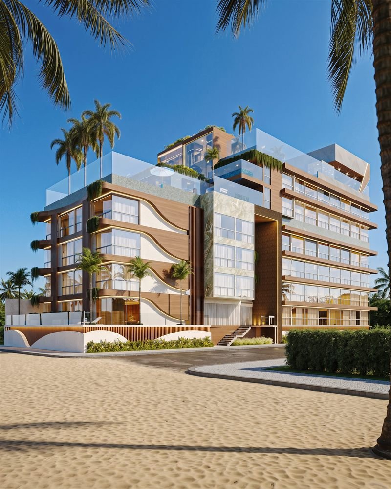 Renderização 3D da fachada do Allure Beach Prime voltada para a praia, com varandas e coqueiros