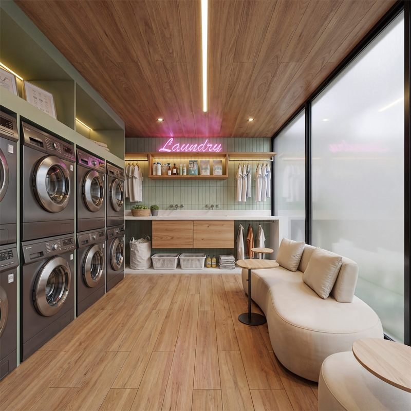 Renderização 3D de lavanderia compartilhada de condomínio, com máquinas embutidas e sofá