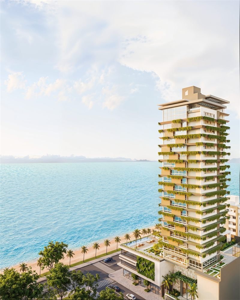 Vista aérea em 3D do Green Tower na orla, com a piscina no embasamento e o mar ao lado