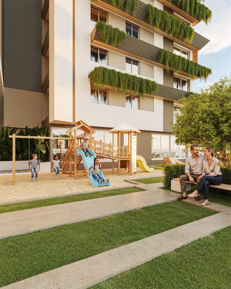 Imagem 3D humanizada do playground, com crianças no escorregador e no balanço e casal sentado no jardim