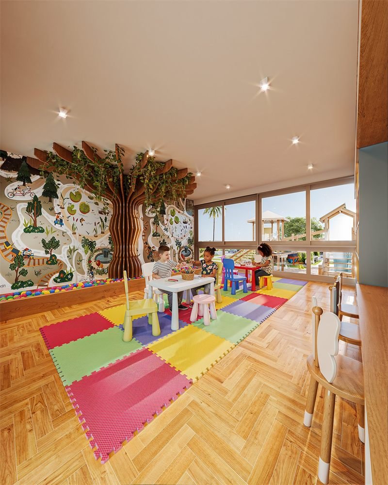 Renderização 3D da brinquedoteca, com árvore decorativa em madeira, painel ilustrado e crianças desenhando