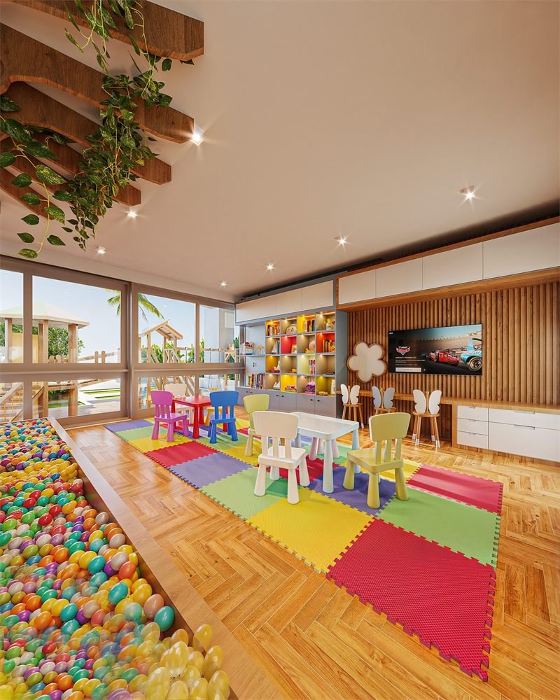 Imagem 3D da brinquedoteca, com piscina de bolinhas, tapete colorido, estante iluminada e TV