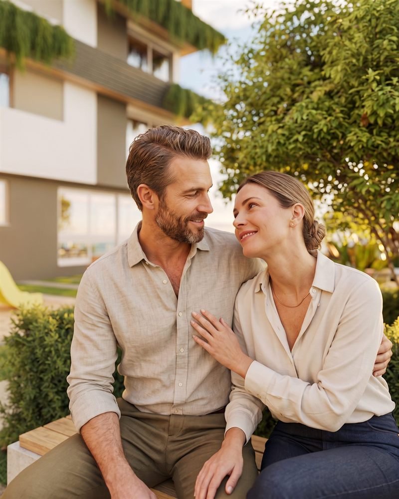 Imagem 3D humanizada em primeiro plano de casal sentado no jardim do empreendimento