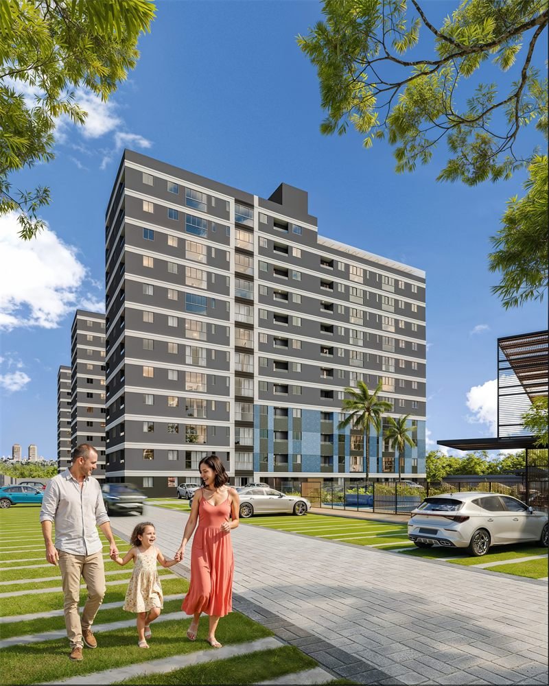 Imagem 3D humanizada de família caminhando em frente a torre residencial