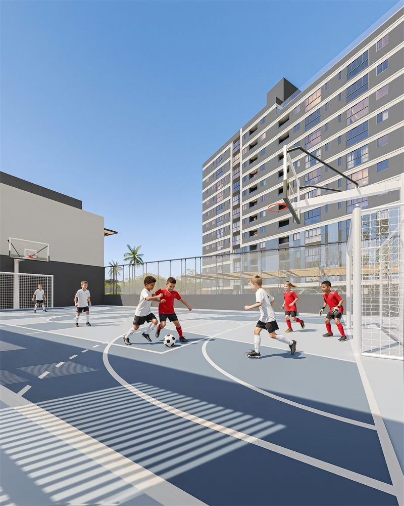 Renderização 3D de quadra poliesportiva de condomínio, com crianças jogando futebol