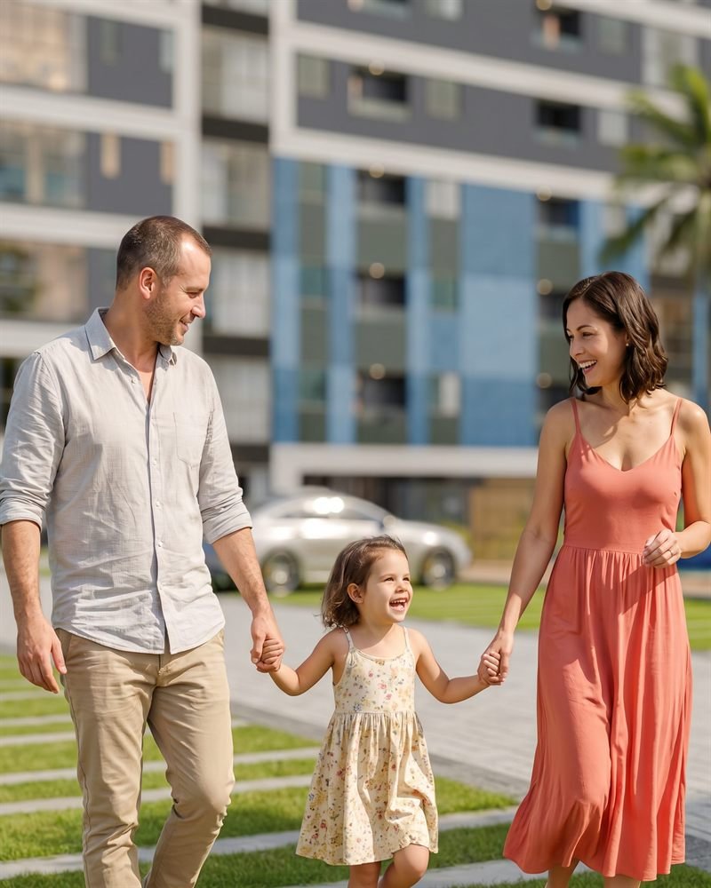 Imagem 3D humanizada de família de mãos dadas caminhando no gramado do empreendimento