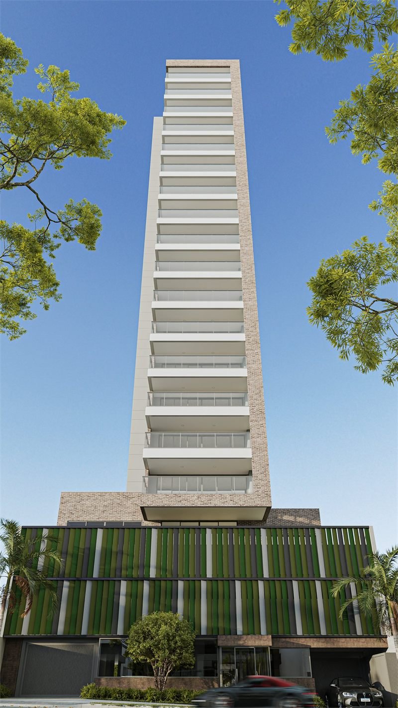 Renderização 3D frontal da torre residencial vista de baixo, com varandas sobrepostas e brises verdes no embasamento