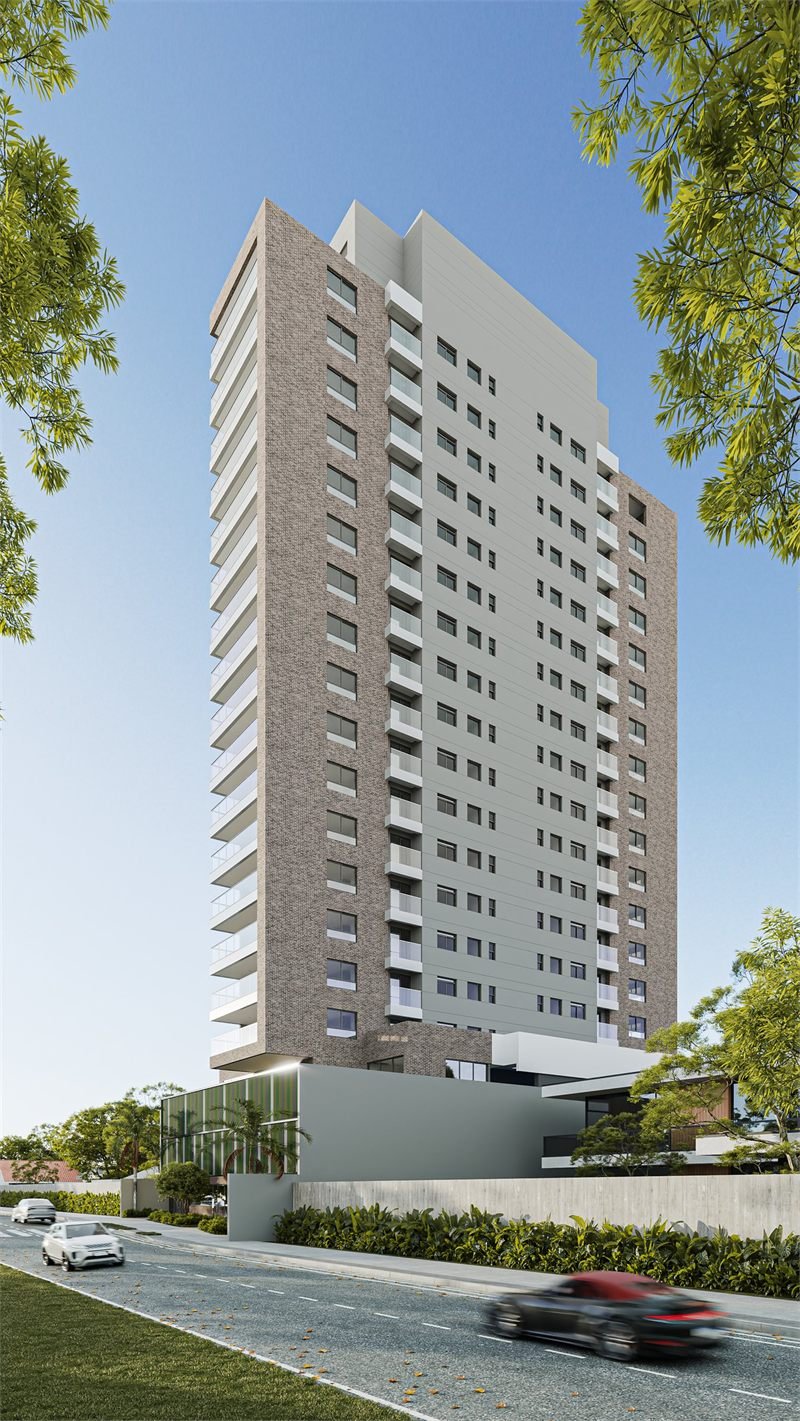Imagem 3D da torre do View Residence em dia claro, com fachada em tijolo aparente e painéis cinza