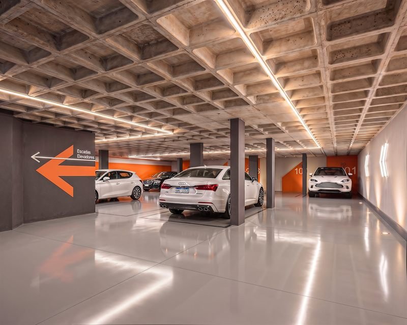 Renderização 3D da garagem, com teto em laje nervurada aparente, sinalização laranja e iluminação linear