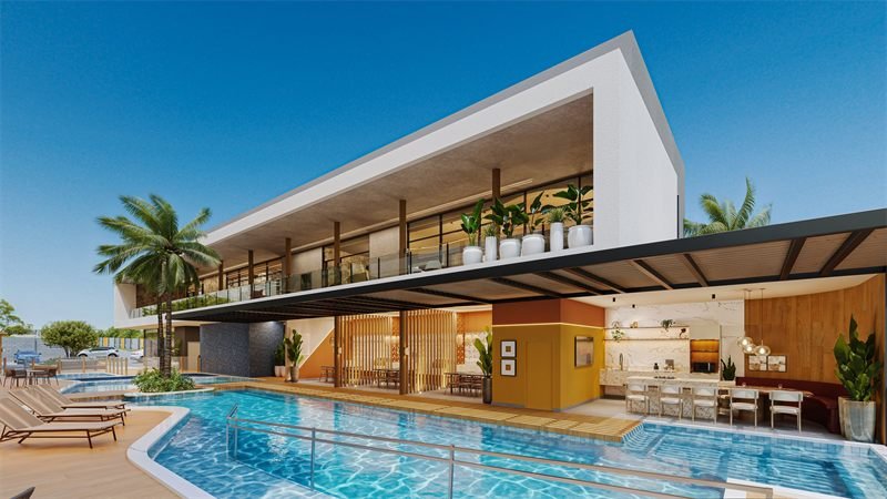 Imagem 3D da piscina junto ao espaço gourmet coberto, com espreguiçadeiras e bancada com banquetas