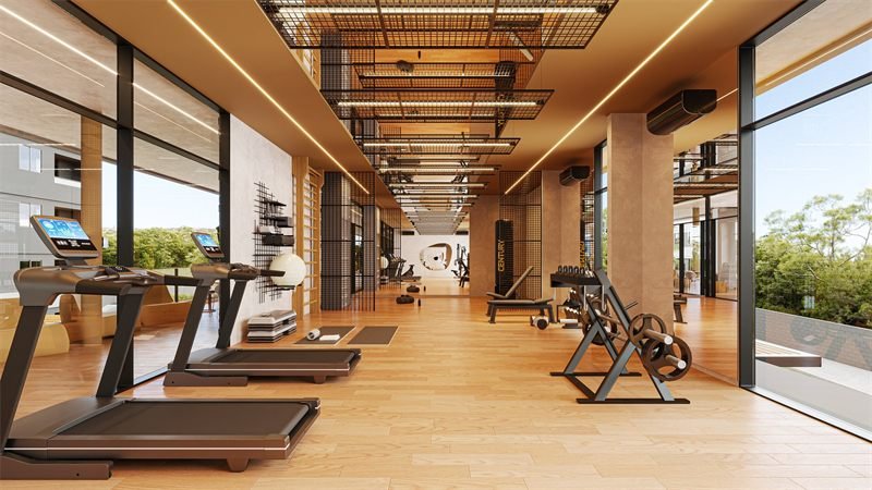 Renderização 3D da academia, com esteiras, piso de madeira, luminárias em grelha metálica e vista para a vegetação