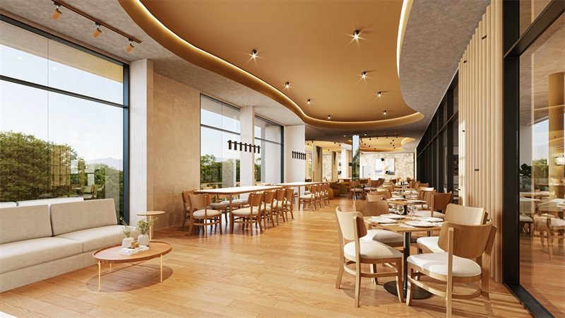 Imagem 3D do restaurante do clube, com mesas de madeira, forro curvo iluminado e grandes panos de vidro