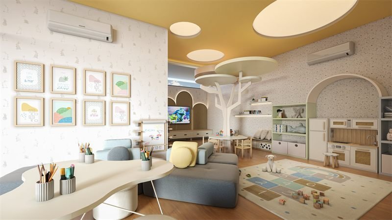 Renderização 3D da brinquedoteca, com árvore decorativa, tapete de amarelinha, cozinha de brinquedo e mesa de desenho
