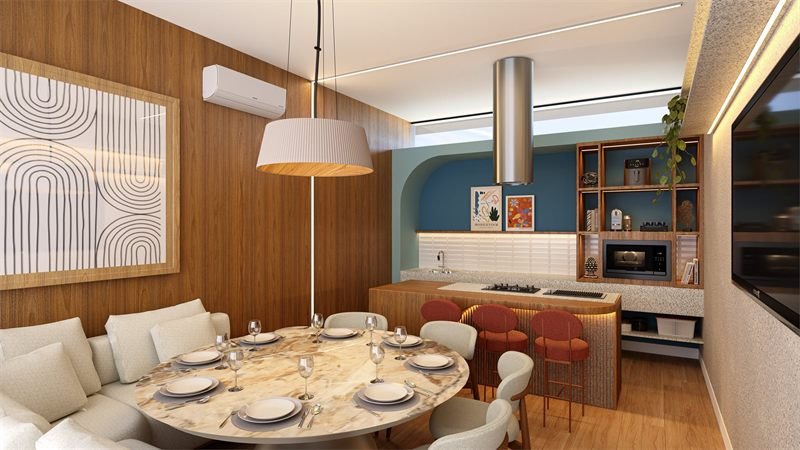 Imagem 3D do espaço gourmet, com mesa redonda de mármore, sofá de canto e cozinha com ilha