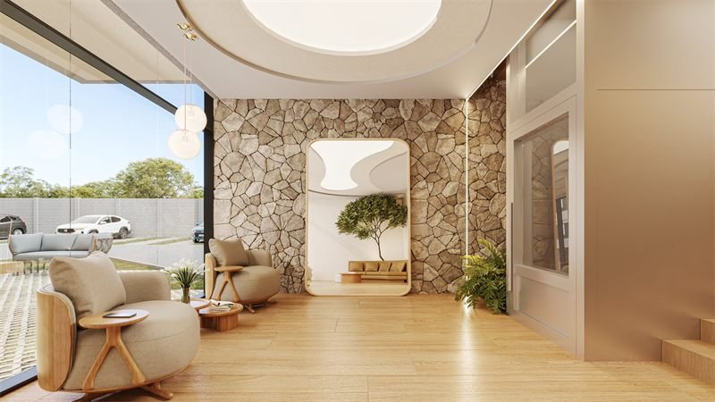 Renderização 3D do lobby, com parede de pedra, espelho de moldura arredondada e poltronas