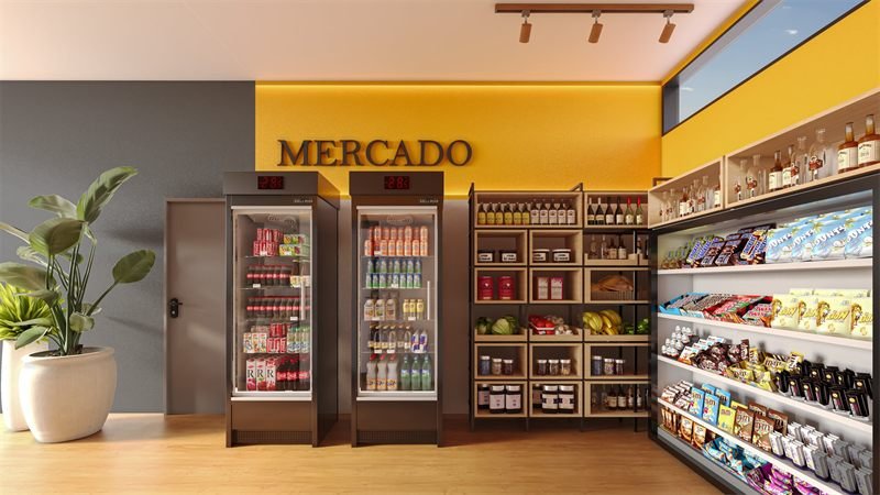 Imagem 3D do mercado do condomínio, com geladeiras de bebidas, prateleiras de madeira e parede amarela